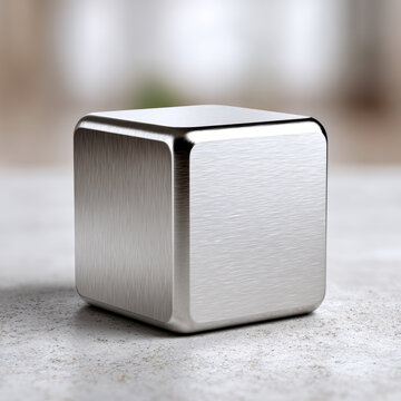 Stainless steel cube with brushed texture on marble surface