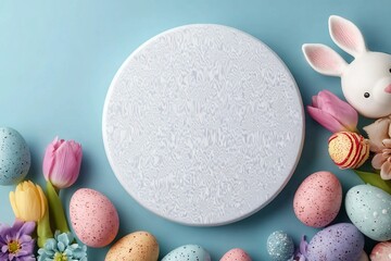 Fototapeta premium Eggstra special Easter display top view of vibrant eggs, sweet bunny, and tulips on a pastel blue canvas. Empty circle ideal for conveying Easter wishes or showcasing springtime promotions