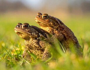 Obraz premium Two brown toads sit on each other in green grass on a sunny day. Close-up focus