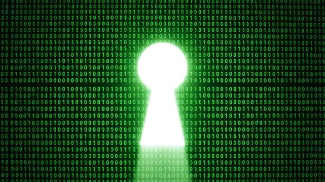Green binary code streams rapidly while multiple white, glowing keyholes sequentially appear and reflect on the dark surface, suggesting layered digital access and security clearance over 8 seconds.