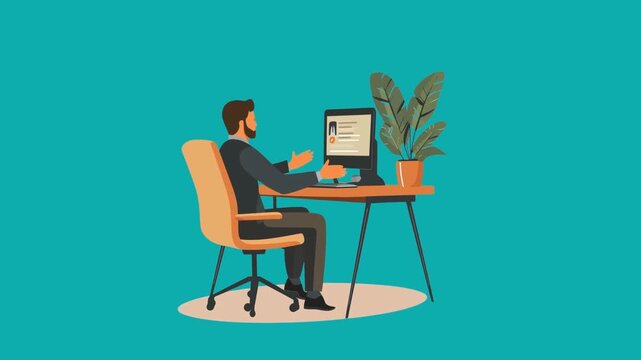 A businessman sitting on a chair at an office desk works on his laptop while typing on the computer table as part of a professional people work concept vector illustration