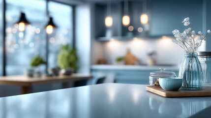 Coastal-themed kitchen design soft blue and white tones, modern interior bright environment, aesthetic view harmonious concept for home, beach house culinary space, defocused background, with