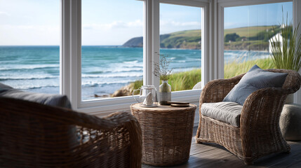 Fototapeta premium Serene coastal interior with blank frame, wicker chairs, ocean view through large windows, beach house living space, natural furniture, seascape backdrop, defocused water background, with copy