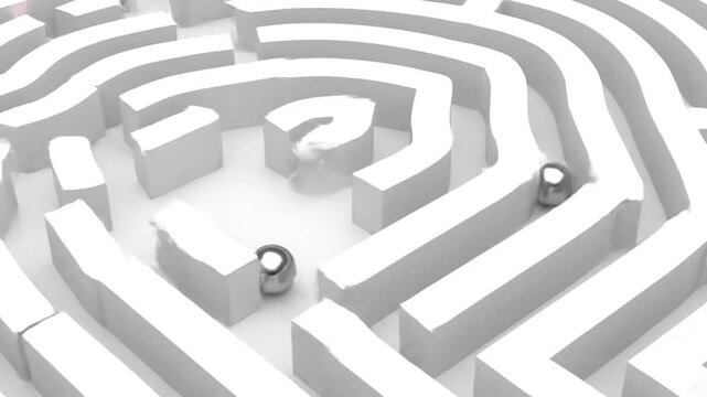 A chrome ball navigates a clean, white 3D maze that dynamically transforms from a square pattern to a complex concentric circular labyrinth over eight seconds.
