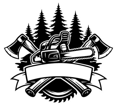 Lumberjack Logo With Chainsaw Axes And Pine Trees Silhouette Emblem In Black And White Vintage Woodcutter Vector Design For T Shirts Stickers Logos And Branding