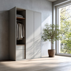 Modern wooden wardrobe with hanging clothes and indoor plant by large window