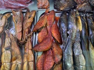 Traditional smoked seafood assortment including smoked fish and herring  