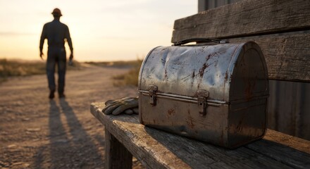 Vintage rusty metal lunchbox and leather gloves on wooden bench with worker walking away at sunset.