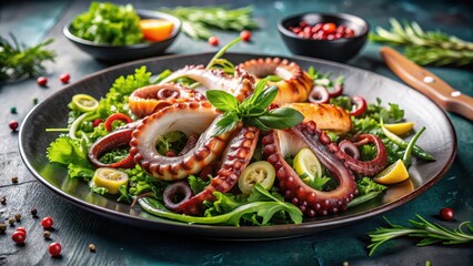 A seafood masterpiece featuring tender calamari and succulent octopus atop a bed of crisp greens