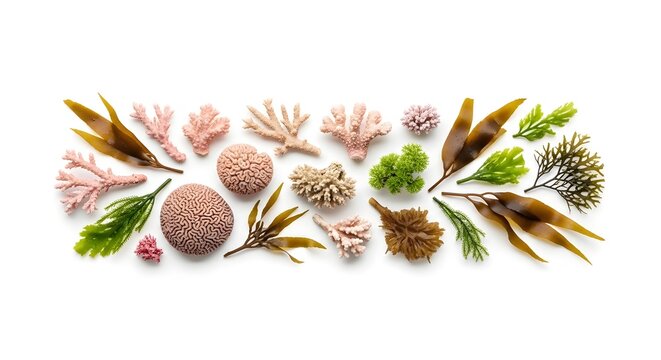 Assortment of marine life including corals, brain corals, seaweeds and algae on white
