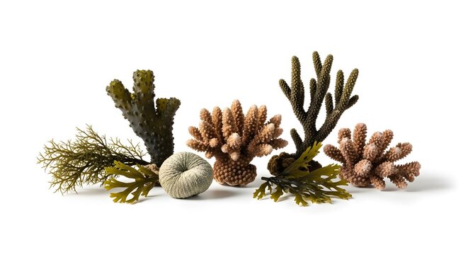 Various types of brown and green corals and sea plants on white background studio shot
