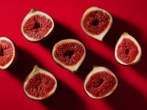 Ripe figs on a red background. Flat lay, top view