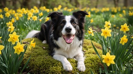 Happy black and white Border Collie dog lying in a field of yellow daffodils. Adorable pet portrait in a spring park with flowers