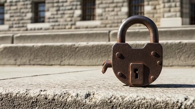 Old Rusty Padlock on Stone Steps - Security Concept.