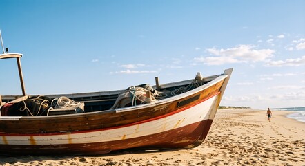 Obraz premium Traditional wooden fishing boat on a sandy beach. Old weathered vessel with ropes and nets on the shore. Man walking along the coastline in the distance