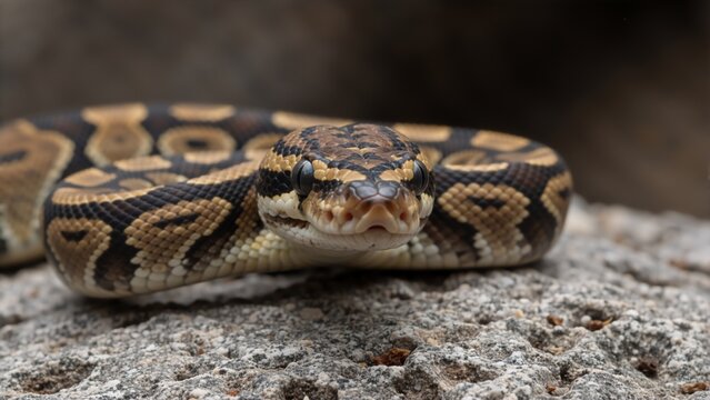 A close-up portrait of a ball python snake. Python regius reptile with patterned skin coiled on a rock looking at the camera