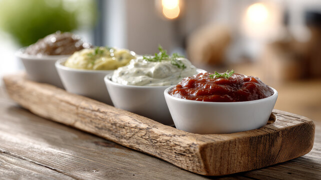 Assorted gourmet sauces in white bowls on rustic wooden tray