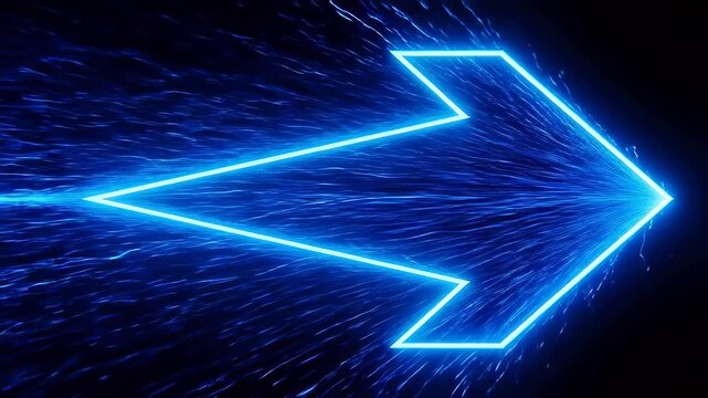 Neon light arrow with blue rays and geometric symmetry