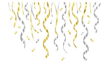 Fototapeta premium Golden and silver confetti streamers falling festive celebration decoration with transparent background