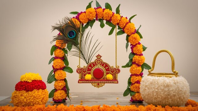 Traditional Janmashtami Krishna Jhula Decoration with Marigold Flowers and Peacock Feather