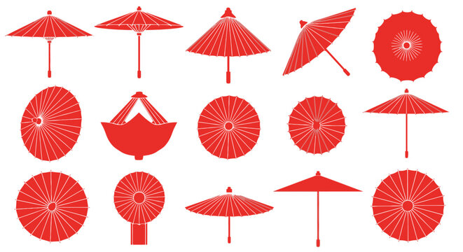 A comprehensive collection of elegant traditional Japanese and Chinese paper umbrellas, showcasing their diverse forms and intricate designs, perfect for cultural and decorative projects