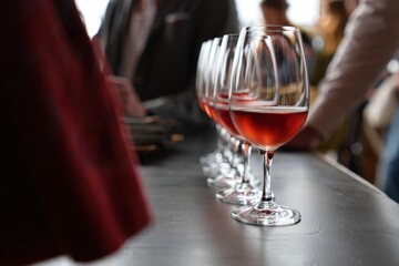 Fototapeta premium Glasses filled with red or rose wine are lined up on bar during tasting event, creating sophisticated atmosphere. People celebrating in restaurant.