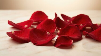 Vibrant red rose petals scattered on elegant marble surface