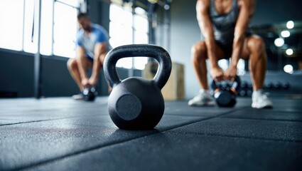 Black kettlebell on gym floor, strong male athlete training in background. Concept for bodybuilding, weight lifting, fitness, strength training, building muscle and achievement and goals, dedication.