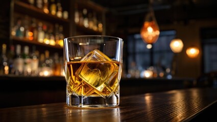Whiskey drink with large ice cube in faceted glass sitting on polished wooden bar counter, with blurred bottles and warm lights in background creating inviting nightlife ambiance.