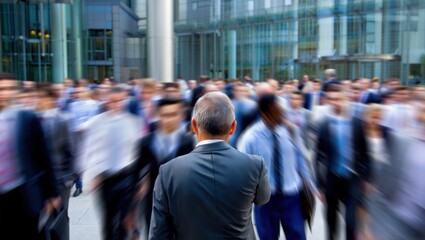 Businessman standing in crowd. Business professionals rushing around in city financial district in motion blur. Concept of busy workday and individualism.