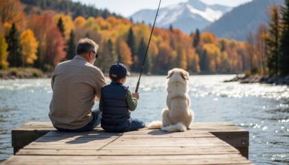 Father teaching son fishing, enjoying relaxing day together in nature. Beautiful autumn mountain landscape. Quality time together, family bonding.