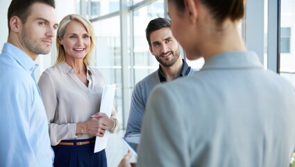 Business professionals stand in modern office by large windows. Team collaboration, meeting, brainstorming ideas, smiling and planning strategy together.