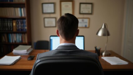 Professional man wearing suit, sitting at wooden desk, working on laptop in office or study with bookshelf and framed diploma on the wall. Lawyer, attorney, legal advisor.