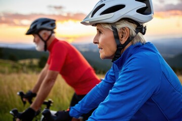Senior woman and man wearing helmet and athletic attire cycling on bicycle through a rural landscape during golden hour. Healthy aging and active sporty retirement.