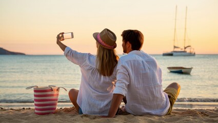 Couple sitting on beach enjoying romantic sunset, taking selfie with mobile phone, celebrating travel and beautiful summer moment during holiday vacation at sea.