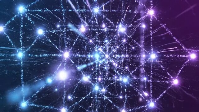 Grid of glowing geometric nodes forms a complex interconnected matrix suitable for science fiction and modern technology media.