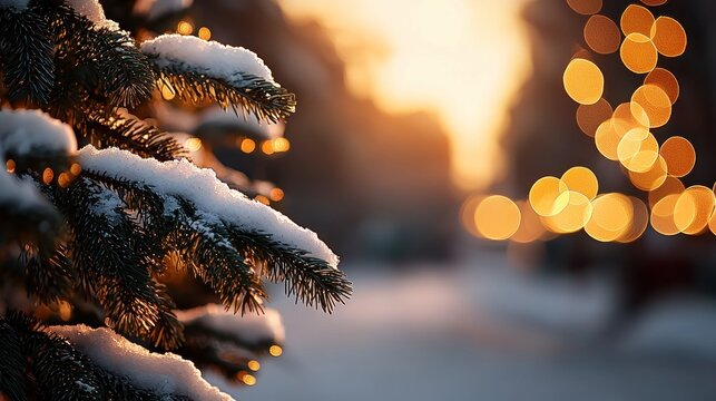 Snow-covered pine branches glisten in the warm winter sunset light with bokeh lights in the background