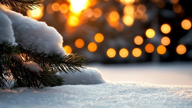 Snow-covered pine branch in the foreground with blurred lights in the background during winter evening