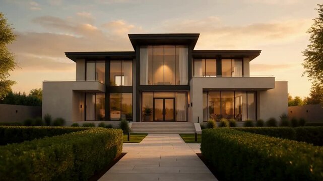 Cinematic Golden Hour Glide Toward Modern Luxury Villa Exterior with Glass Facade and Garden