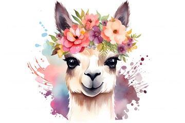 Obraz premium Cute Llama with Flowers Watercolor Illustration