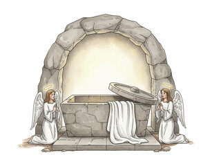Fototapeta premium Two angels praying kneeling before an empty illuminated stone tomb with a white shroud draped over the edge illustration