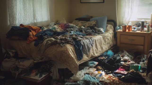 Disordered Bedroom with Piles of Clothes and Unkempt Surroundings Depicting Chaos and Neglect