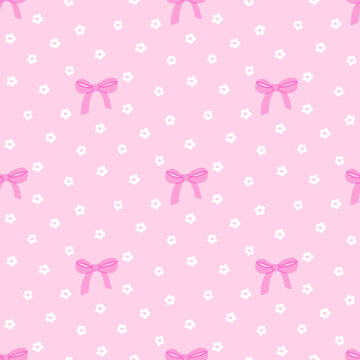 Ditsy floral seamless pattern with flat bows and tiny white flowers. Trendy cute design. Pink background for fabric, wallpaper or wrapping paper 
