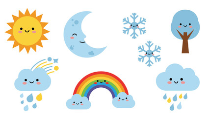 Collection of cute weather icons including sun moon rainbow clouds and snowflakes with smiling faces for kids education.