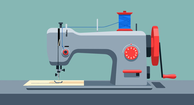 Gray Sewing Machine with Red Accents.