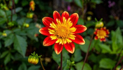 Obraz premium Vibrant red-edged yellow flower blooms against a backdrop of lush green foliage, bathed in soft, natural light