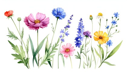 Fototapeta premium Watercolor wildflowers arrangement in red, pink, blue, and yellow, with leaves, against a white background