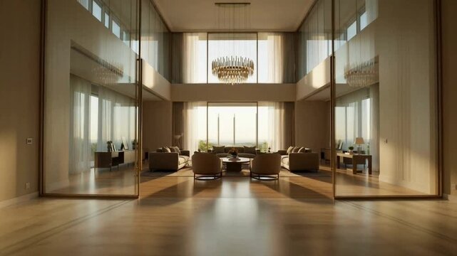 Cinematic Dolly of Double Height Luxury Living Room with Floor to Ceiling Windows and Grand Chandelier