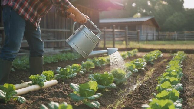 A dedicated gardener carefully waters rows of thriving green plants in a sunlit outdoor garden, demonstrating mindful cultivation and sustainable living practices