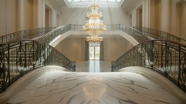 Cinematic Descent of Grand Curved Marble Staircase in Luxury Mansion Atrium with Chandelier and Skylight